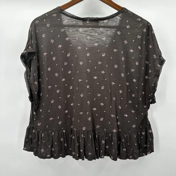 Lucky Brand Shirt Top Womens Medium Peplum Floral Cottage Rayon Lace Crop Button - Picture 6 of 11